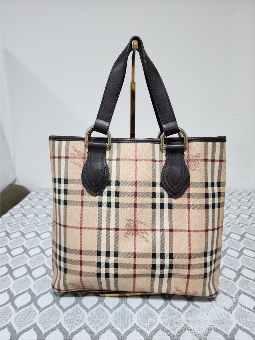 BURBERRY Haymarket Check Coated Canvas Leather Small Regent Tote Bag Brown/Beige